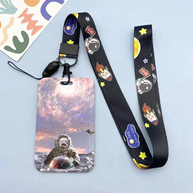 Cool Spaceman Astronaut Taikonaut Planet Keychain Access Card Bus Pass ID Card Holder Staff Badge Holders with Lanyard Key Chain pu marble gradient decorative pattern leather badge id card holder office staff tag credentials pass card protector with lanyard