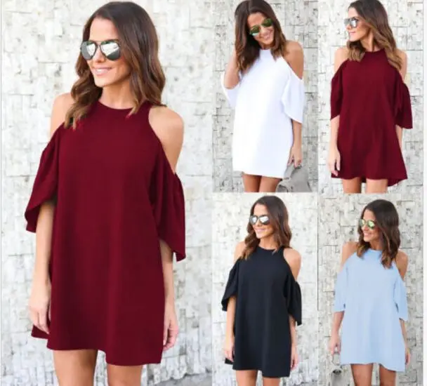 

2018 Spring New Style Fashion Solid Color Crew Neck Exposed Shoulder Short Dress Women's