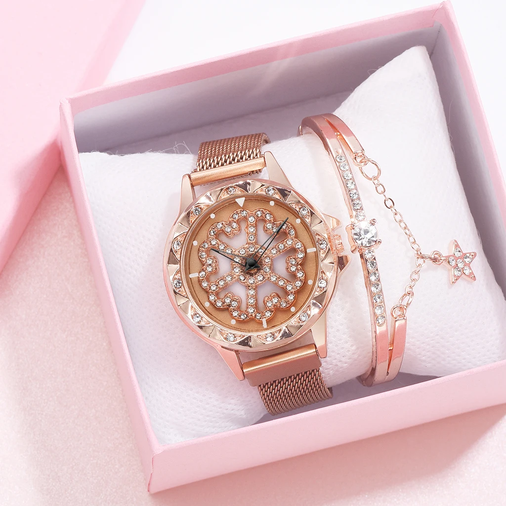 

2pcs Watch Set Luxury Rose Gold Watch Women Design 360 Degrees Rotation Diamond Dial Magnet Watches Ladies Bracelet Watch Quartz