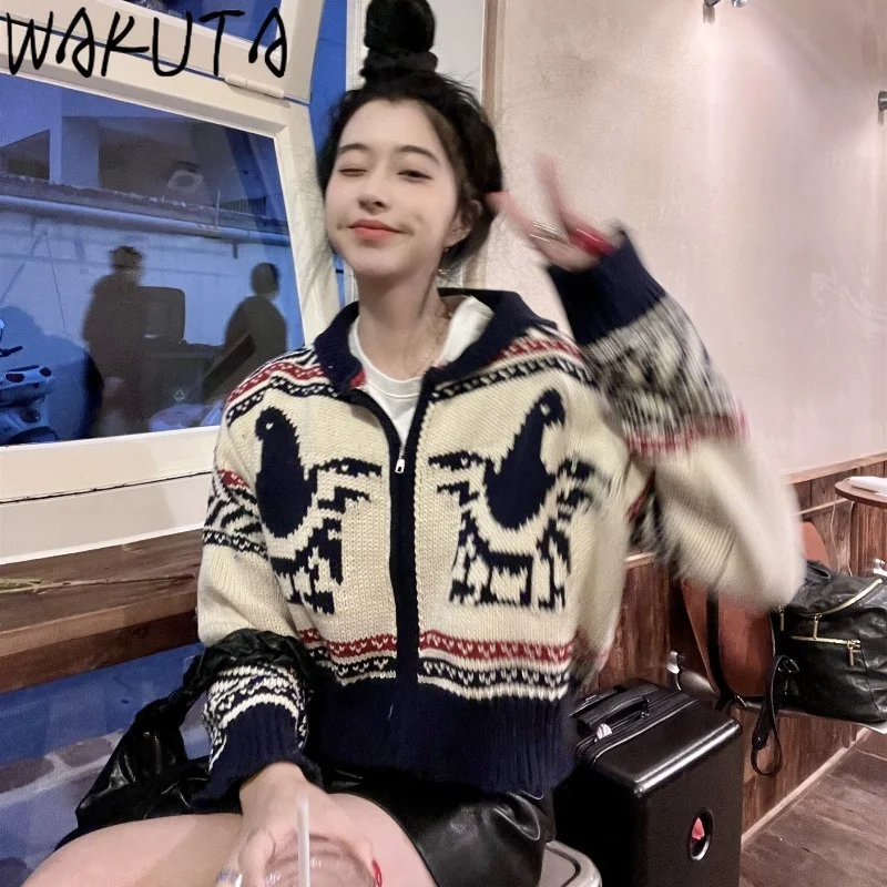 WAKUTA Short Korean Style Outwear Geometric Sweater Cardigan Autumn Winter 2021 Female Zipper Loose Knitted Tops Lazy Vintage |