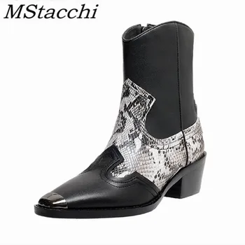 

Mstacchi Small Square Toe Genuine Leather Women Short Boots Serpentine Mixed Colors Mature Rome Ladies Shoes Buty Damskie 2020