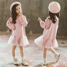 Толстый теплый свитер для девочек; платье; Милые осенне-зимние детские платья для девочек; Розовая одежда для малышей с круглым вырезом; костюм для детей-подростков