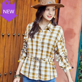 

Vintage Plaid Blouse Turndown Collar Drawstring Waist Shirt For Women 2020 Spring New Women's Blouse 100% Cotton
