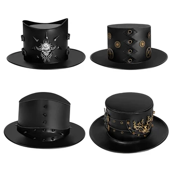 

Goth Magician Top Hat Leather Jazz Butler Steampunk Halloween Party Caps Trilby Sun Hat Party Cap Vintage Rivet Gentlemen