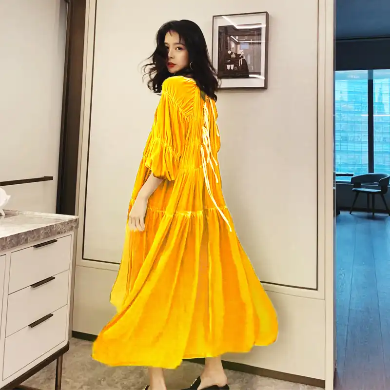 yellow velvet maxi dress
