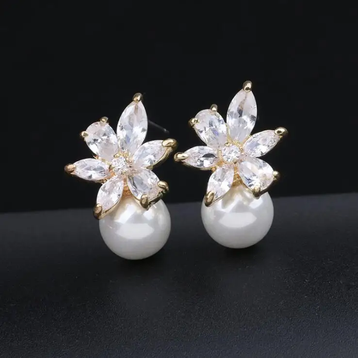 UILZ модные милые Изысканные жемчужные Кристальные серьги-гвоздики с цветами из белого золота AAA циркон для женщин ювелирные изделия Свадебные подарки UE860