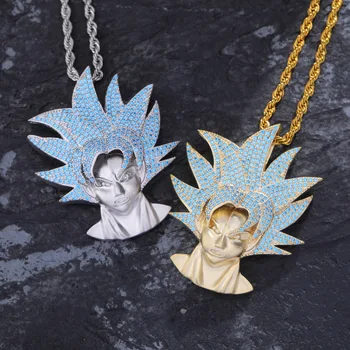 

Hip Hop Bling Ice Out Blue AAA CZ Zircon Dragon Ball Cartoon Characters Supper Saiyan GOKU Pendant Necklace Men Rapper Jewelry