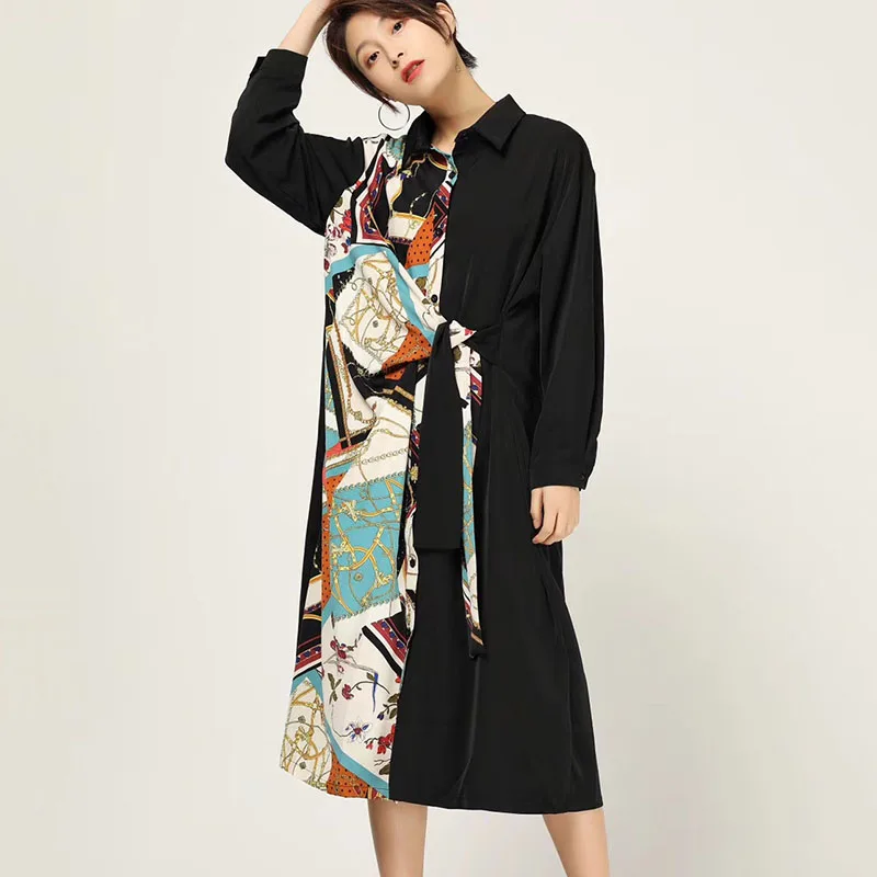 

[XITAO] 2019 Spring Summer Korea Fashion Turn-down Collar Full Sleeve Dress Female Print Pattern Casual Mid-calf Dress DLL3133