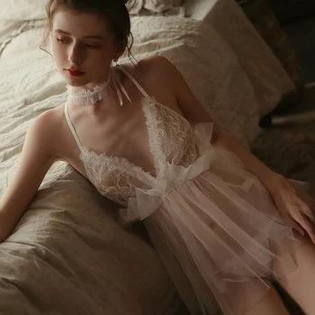 

Sexy Sleepwear Women Sleep Dress Black White Cute Wedding Bride Mesh Gauze Perspective Thin Strap Nightdress Set Young Girl