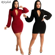 RStylish Spring Autumn Solid Bodycon Mini Women Dress 2022 Sexy Cut Out O Neck Long Sleeve Club Party Dresses