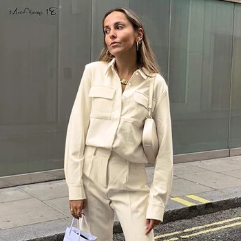 

Mnealways18 Solid Button Pocket Women Tops And Blouses Beige Ladies Office Shirt Long Sleeve Work Casual Blouse Top Spring 2020
