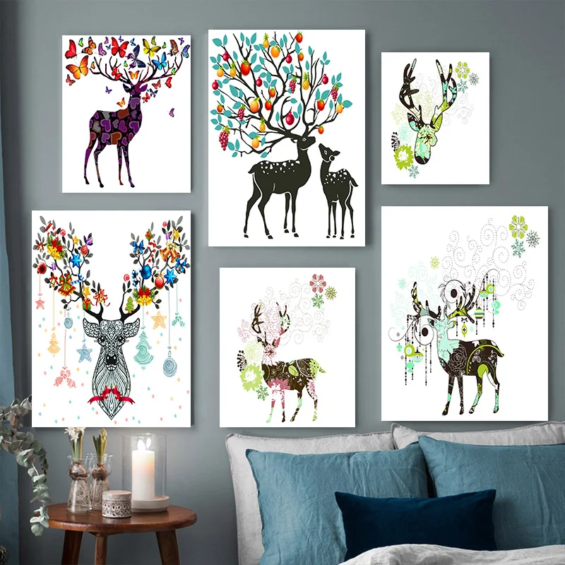 High Quality canvas art Abstract nordic Animal blossom Flower deer painting Picture Living Room modern Home decoration posters | Дом и сад