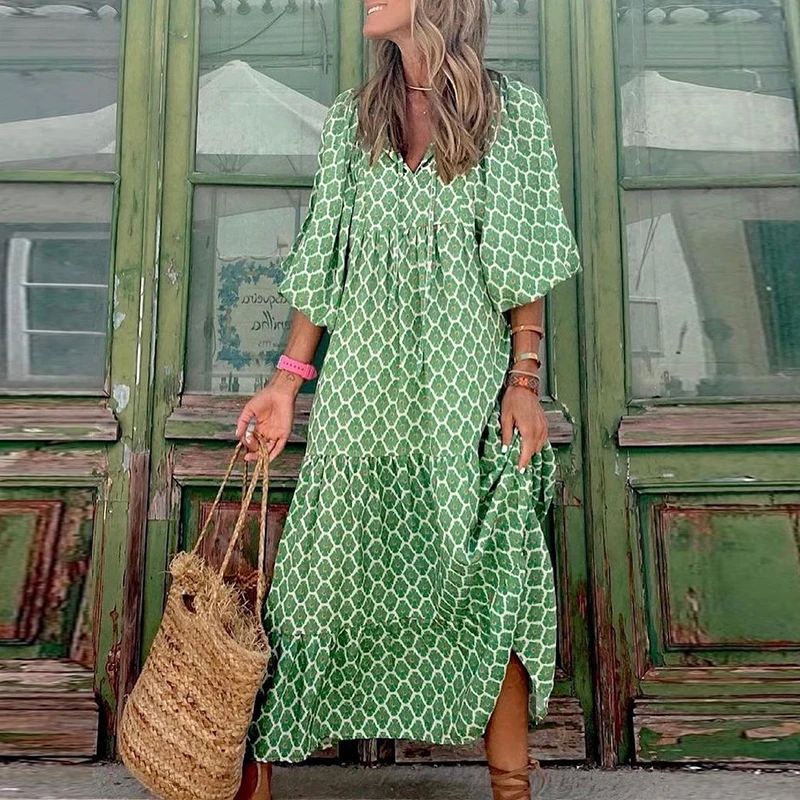 Autumn Fashion Half Sleeve Women Loose Dress Casual Printed Vintage Long Dresses Elegant V Neck Drawstring Party Dress Vestidos plus size wedding dresses