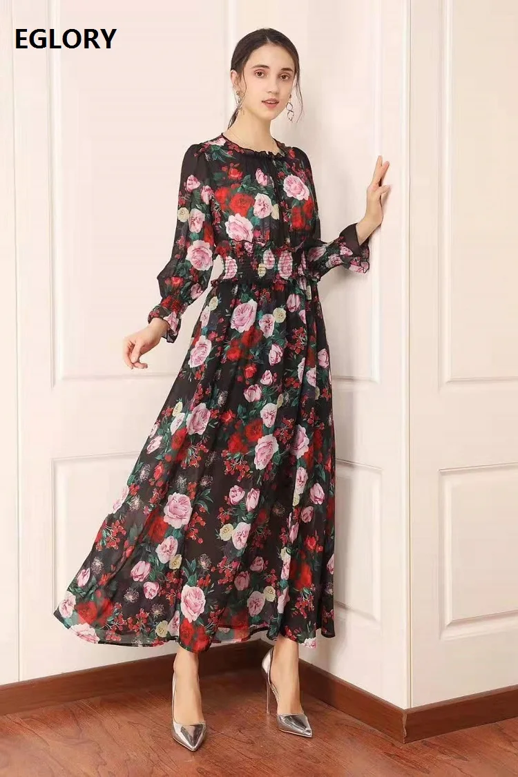 

2020 Spring Summer Hot Sale Long Dress High Quality Women O-Neck Charming Rose Flower Print Elastic Waist Long Maxi Dress Female