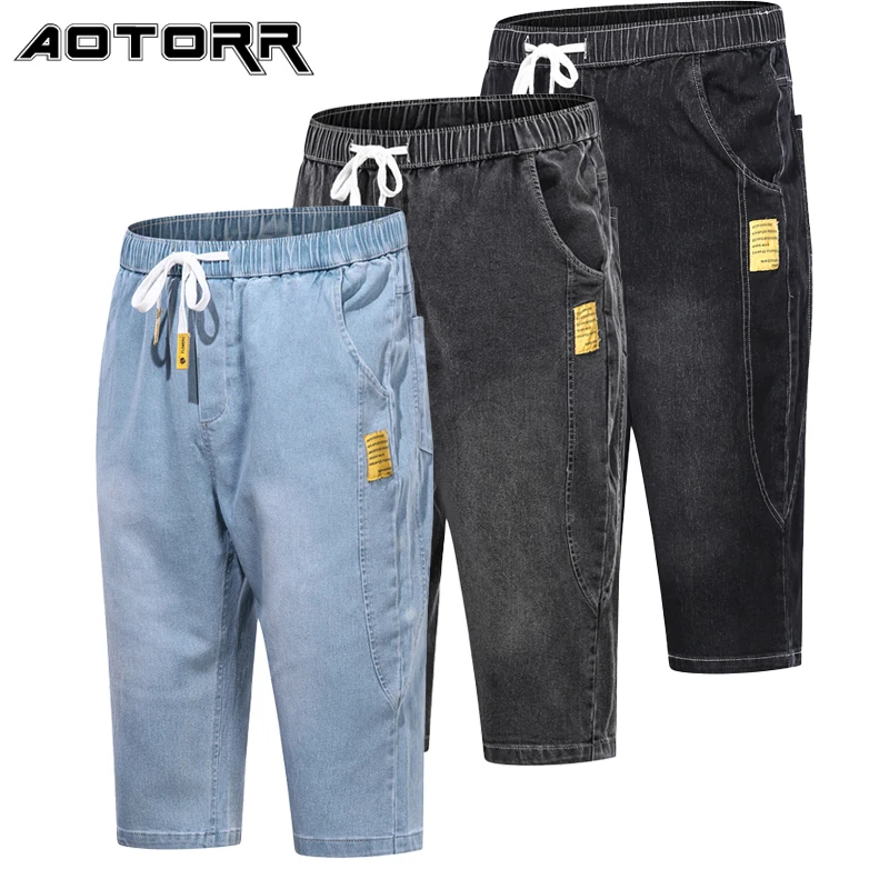 Pantalones cortos de mezclilla para hombre, Shorts elásticos de alta calidad, ajustados, a la moda, de cinco puntos, informales, de Color sólido, de talla grande, para verano, 2021