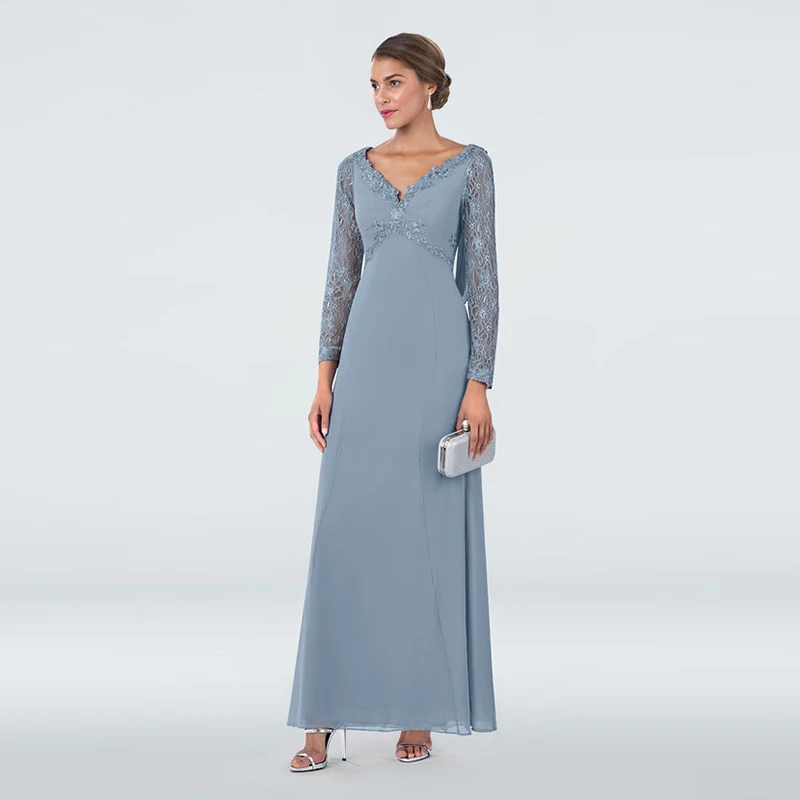 

Latest Graceful Dusty Blue Lace Long Sleeve Mother of the Groom Dresses Deep V Neckline Applique Cowl Back Wedding Party Gowns