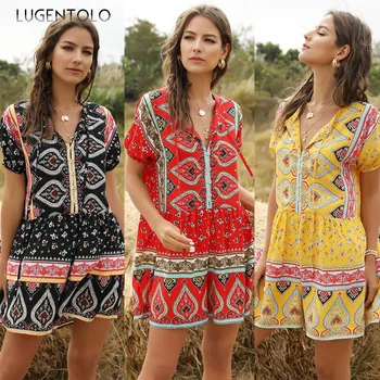 

Lgentolo Women Summer Playsuits Spring Casual Flower Floral Loose Short Sleeve Print Sexy V-neck Bohemia Jumpsuits