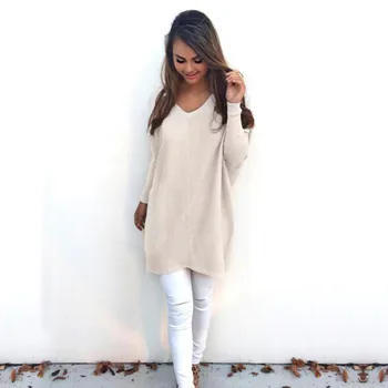 

Women AutumnTops Long Sleeve V Neck Elegant Simple Loose Jumper Knitted Thin Pullover Women Fashion Sweater
