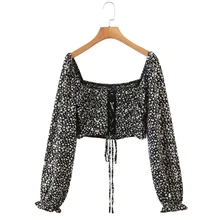 

Women Floral Print Lace Up Elastic Short Shirt Long Sleeve Female Blouse Casual Lady Slim Crop Tops Blusas S9832