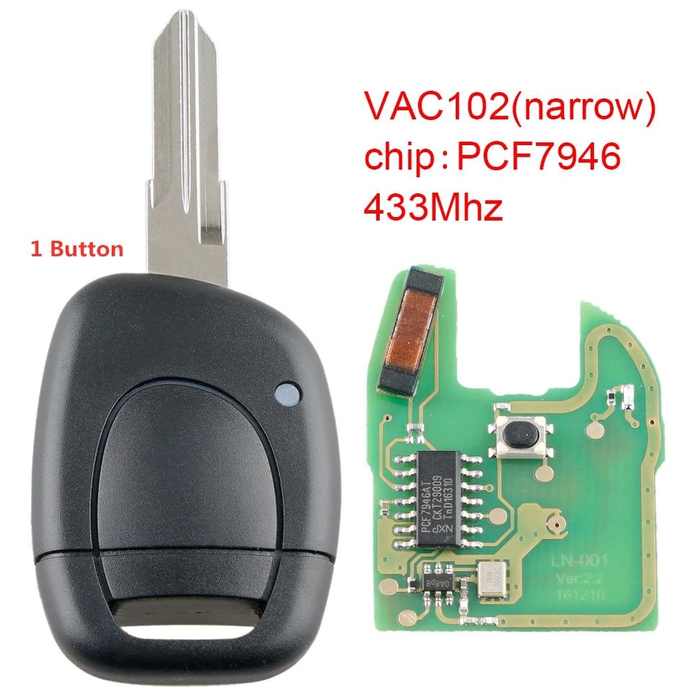 1 Button 433 МГц 1 Кнопка/2 кнопки Автомобильный Дистанционный ключ с чипом PCF7946 и лезвием VAC102 подходит для Renault - Количество кнопок: 1 Button