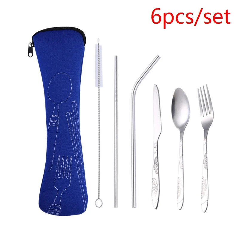 blue 6pcs 3 шт./6 шт./компл. Портативный Нержавеющая сталь набор столовых приборов цветок картина вилка ужин набор посуды домашней утвари посуды сумка - Цвет: blue 6pcs