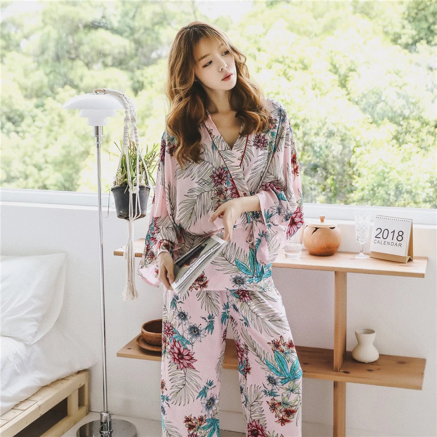 Женская модная Пижама, банный халат, брюки-кимоно, комплект, японский стиль, цветочный принт, одежда для сна, шелковое кимоно-юката, домашняя одежда, ночная рубашка