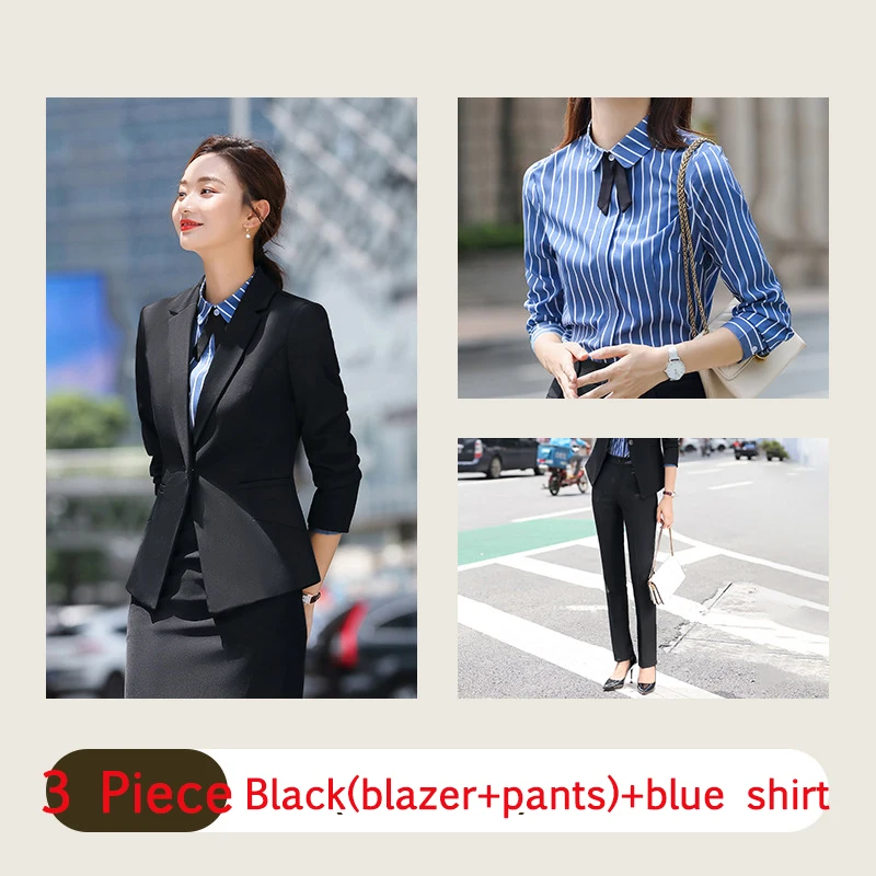 Black 3 piece Женский деловой офисный женский костюм с брюками, осенне-зимний форменный Блейзер, пиджак, брюки, Элегантная черная Синяя Униформа, большие размеры - Цвет: Black 3 piece