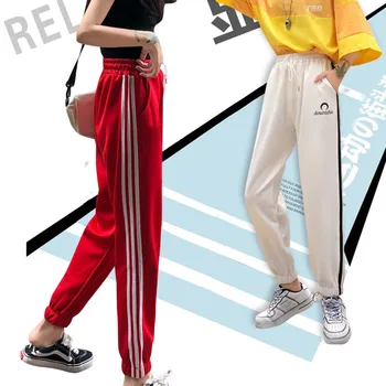 

Sportswear Women Fashion Casual Side Striped Pants Loose Pocket Elastic Waist Harajuku Ankle-length Pants New Bottoms
