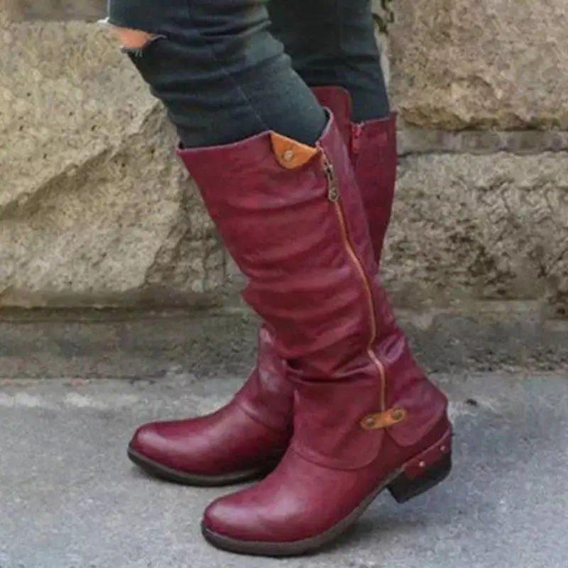 

HOE SALE Winter PU Leather Knee High Boots Women Snow Boots High Heels Side Zipper Female Shoes Black Red Green Large Size