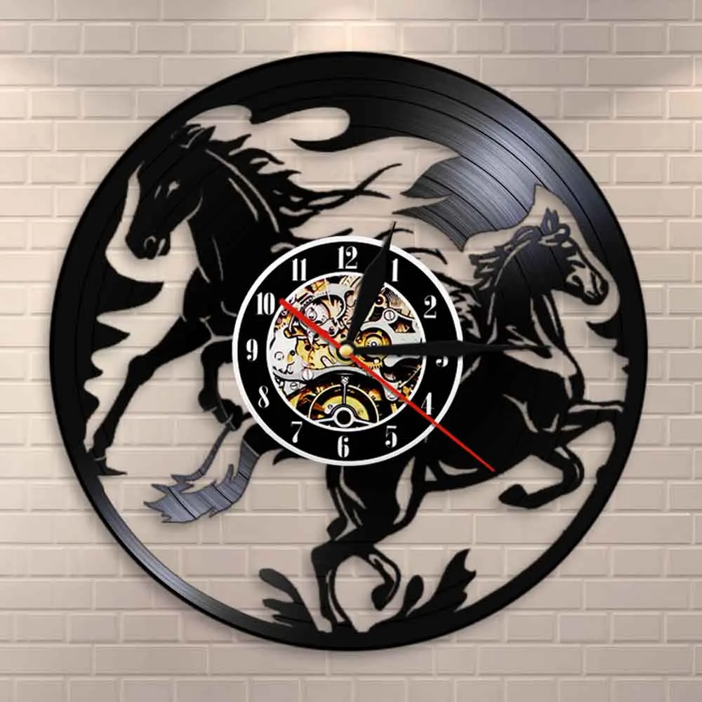 Часы настенные лошади винтажные с виниловой пластиной украшения натуральными