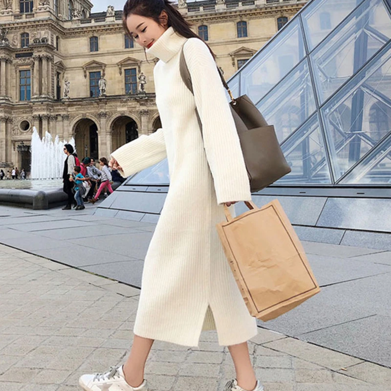 Skup Koreański sweter sukienka kobiety dzianinowe swetry sukienki damskie Over knee sweter sukienka Plus rozmiar Split swetry z golfem sukienki OL sukienka damska sukienki na wesele damskie sukienki sukienki damskie elegant