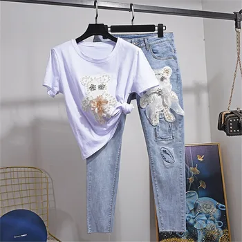 

Summer Women Beading Cartoon Pattern Cotton T shirt Elastic Pencil Denim Pants Two Piece Set Female Loose Tee shirt Jeans Suit