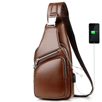 

New Style Men Chest Pack USB Charging Anti-Theft Shoulder Bag Cool Style PU Shoulder Bag Men's