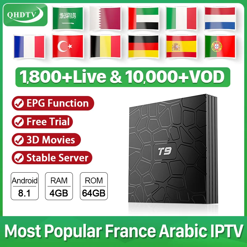 T9 IPTV французский арабский Algeria IPTV подписка коробка Android 8,1 4+ 64G 4K H.265 поддержка двухдиапазонный wifi Бельгия IPTV французская Испания