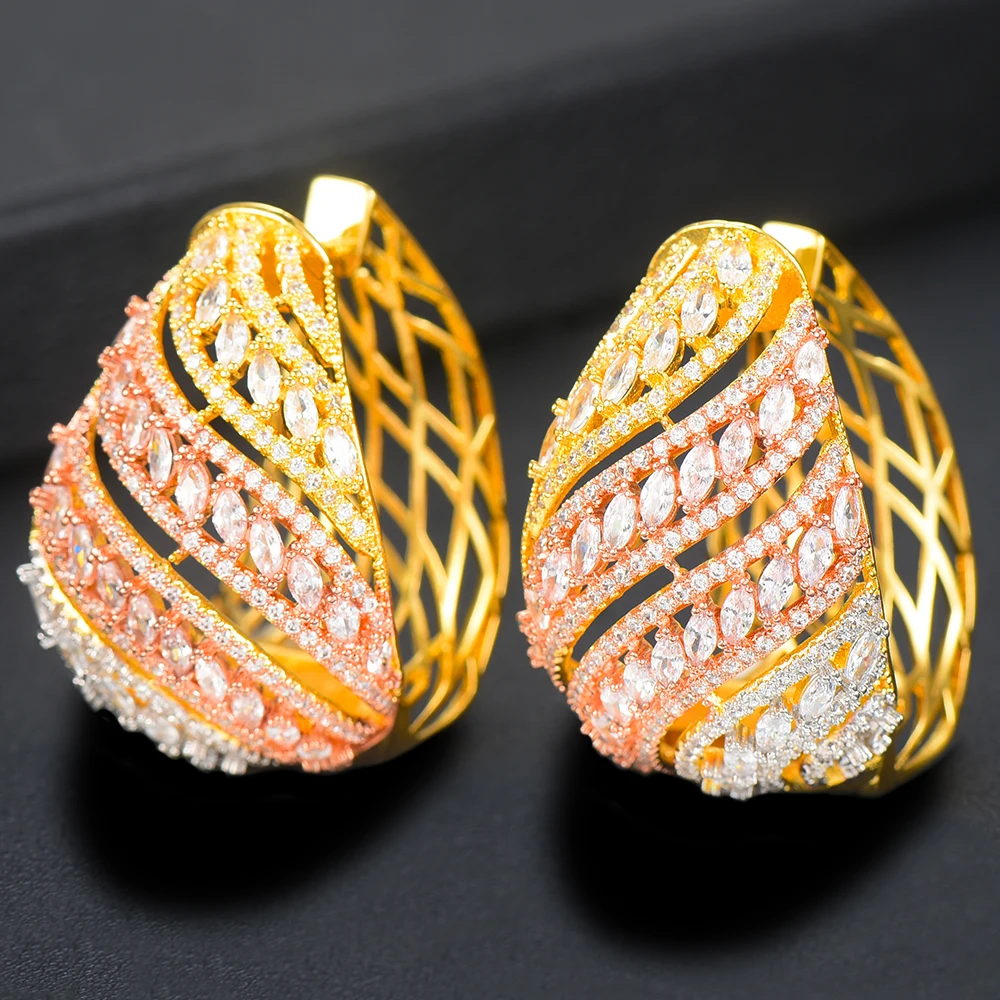 

GODKI Luxury 3 Tone AAA Cubic Zircon Chic Hoop Earrings For Women Wedding DUBAI Bridal Square Circle Hoop Earrings 2019