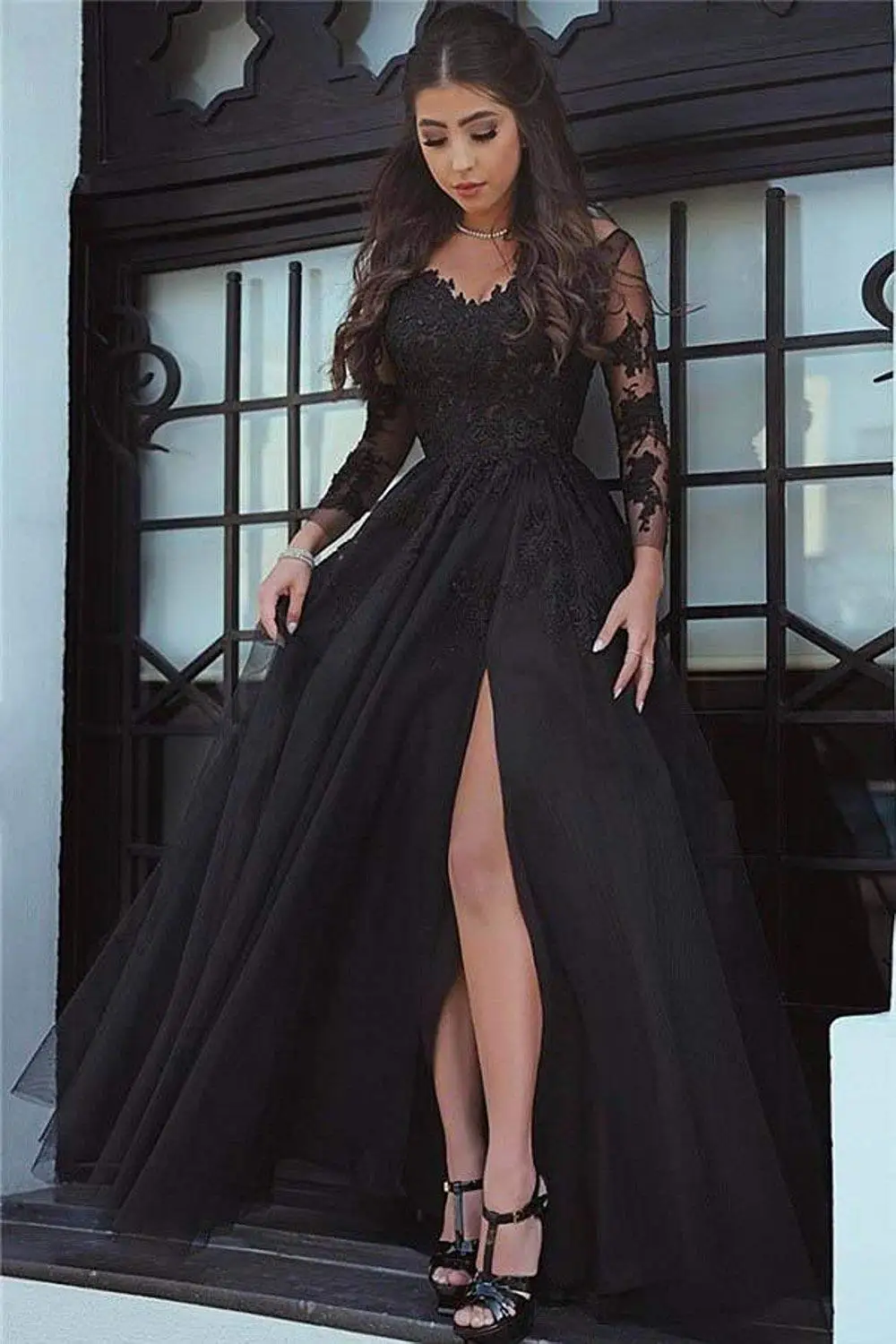 

Black Prom Dresses Lace Long Sleeves Ball Gown Formal Evening Party Gowns Side Slit Carnival Dress vestido formatura