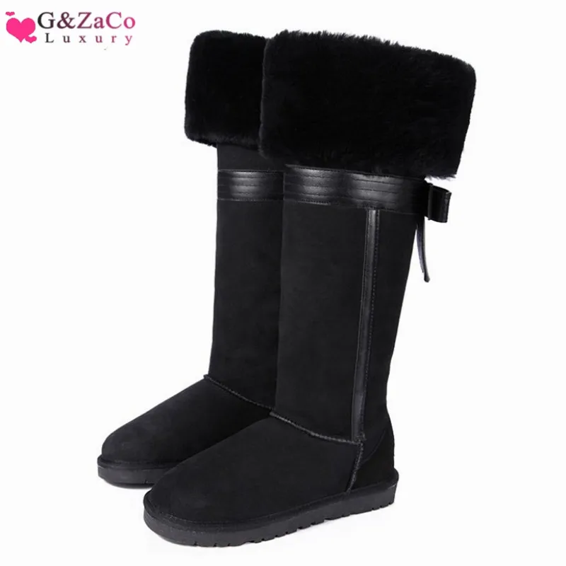 

G&Zaco Luxury New Winter Natural Sheepskin Boots Knee-high Snow Boots Genuine Leather Tube Bow Warm Wool Sheep Fur Long Boots