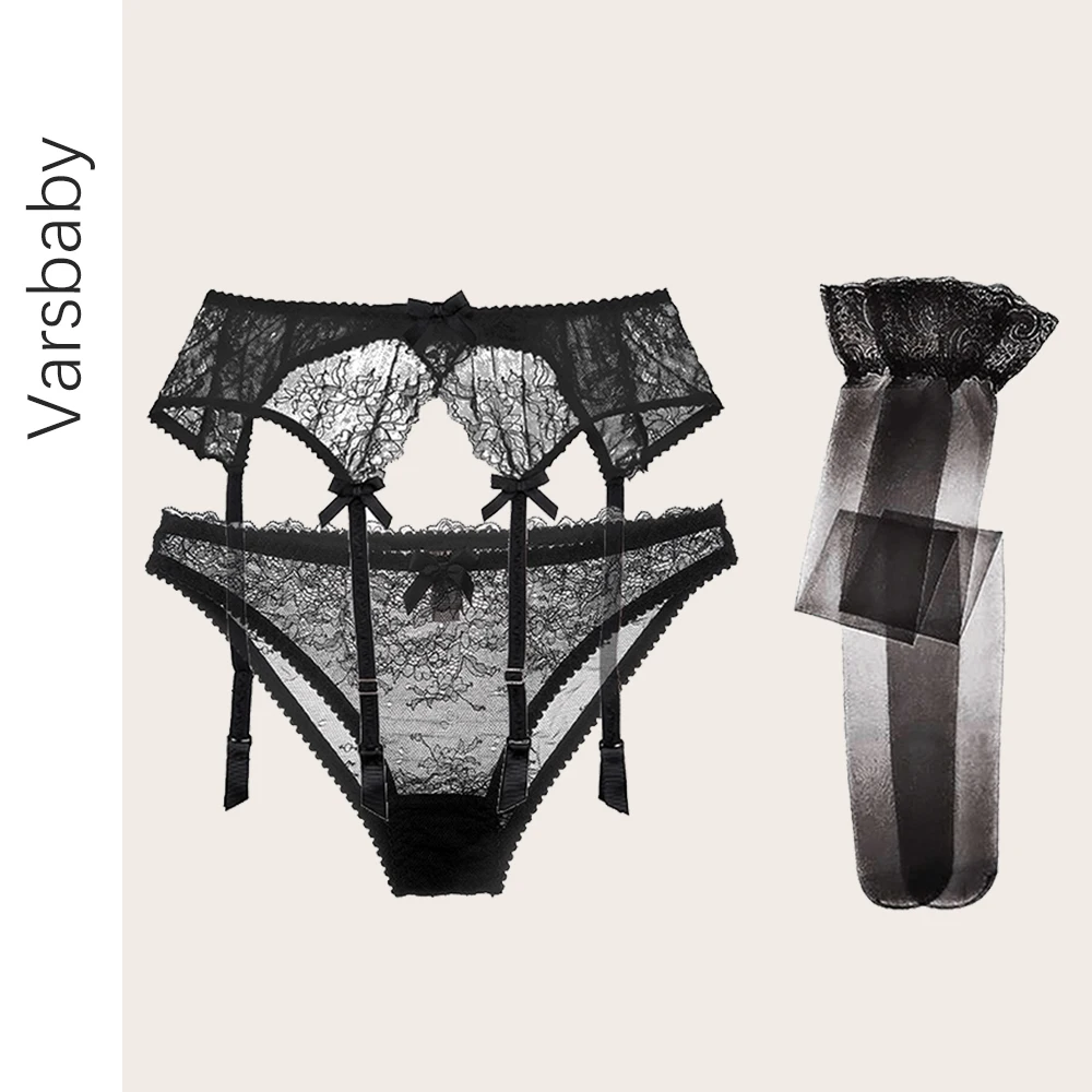 

Varsbaby sexy 3pcs garters+panties+stockings transparent briefs lace bow underwear S M L XL for women