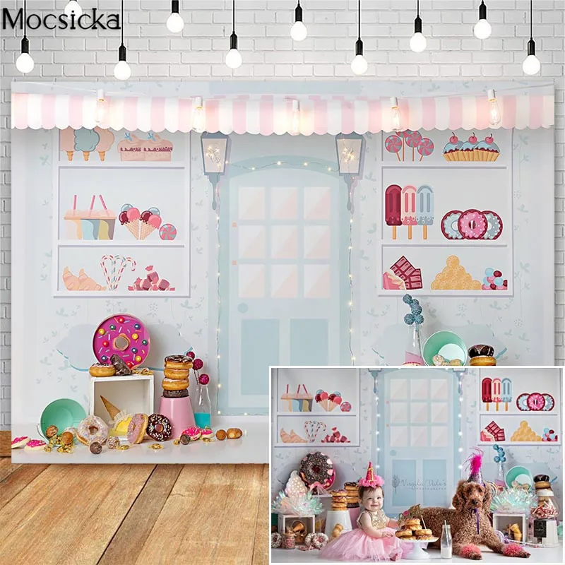 Mocsicka пончик магазин фон для фотосъемки с изображением конфет Sweet Shoppe на тему дня