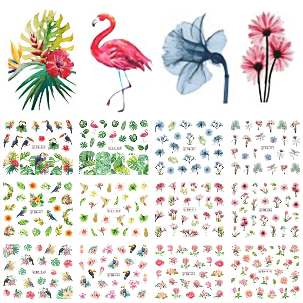 

12 Designs Water Decals Slider Summer Jungle Flamingo Parrot Flora Watermark Nail Sticker Decoration Wraps Manicure BEBN865-876