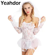 Белый женский кружевной сетчатый костюм для ролевых игр для невесты, набор с головным убором Babydoll с вуалью, стринги, перчатки для подвязки, кольцо для пальца