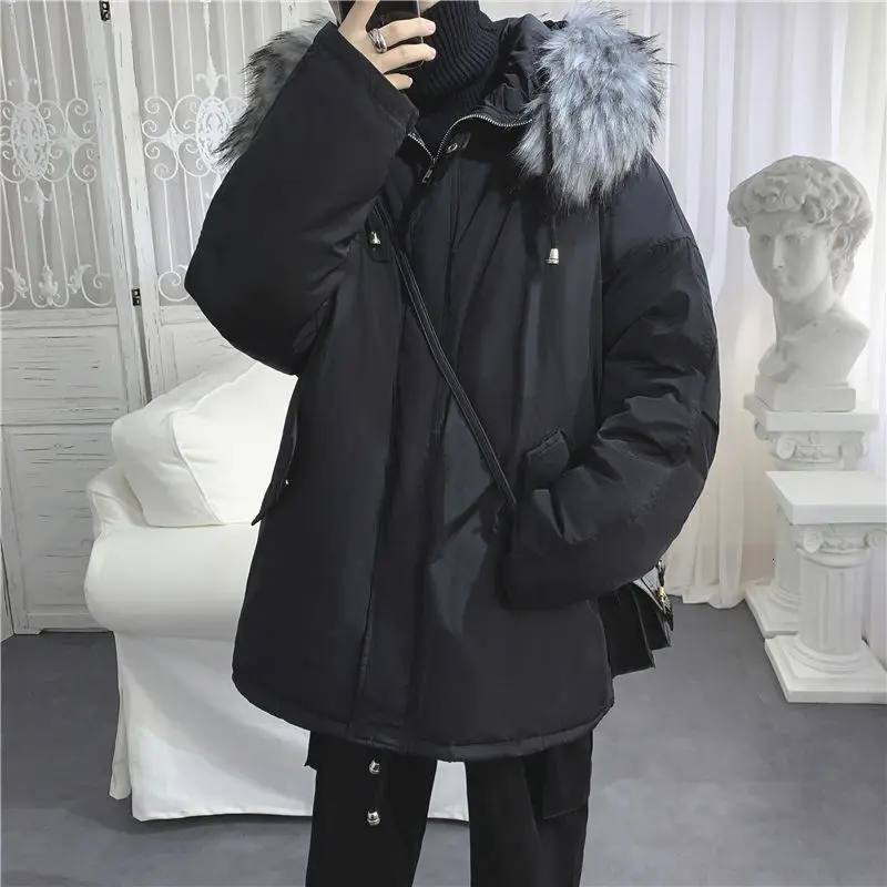 

Winter Jacket Men's Parka Warm Fashion Casual Fur Collar Hooded Coat Men Streetwear Loose Cotton Padded Jacket Mens Clothes