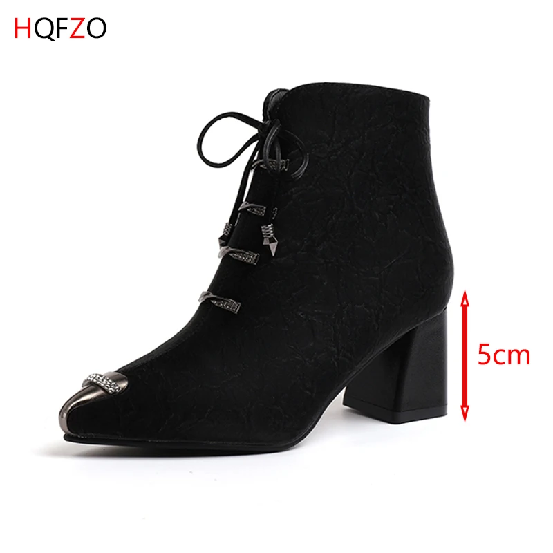 HQFZO Chunky Heels 5cm Autumn Ankle Boots For Women Lace Up Fashion Pointed Toe Bottine Cross-tied Buckle Women Boots Mujer