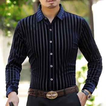 

Chemise Homme Autumn Men Blue Striped Shirt Business Office Camicia Uomo See Throughs Shirt Mens Button Party Shirt For Men