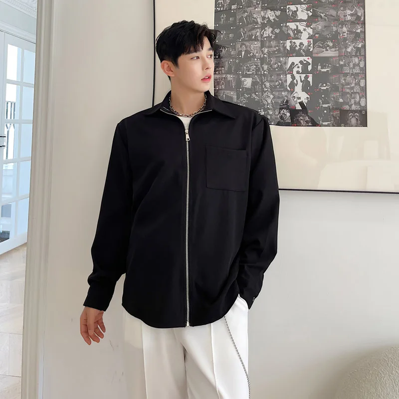 Men Korean Chic Fashion Casual Zipper Shirt Jacket Cardigan Man Streetwear Trend Vintage Shirts Coat Tops Male