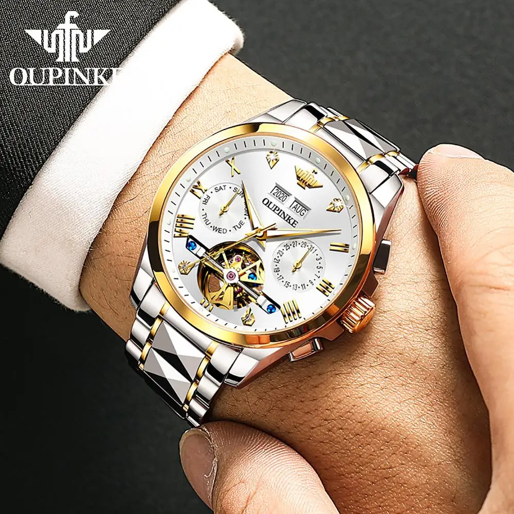 OUPINKE Brand Automatic Mechanical Men Watch Waterproof Skeleton Noctilucent Watch Tourbillon Design Mechanical Men's Watch Gift