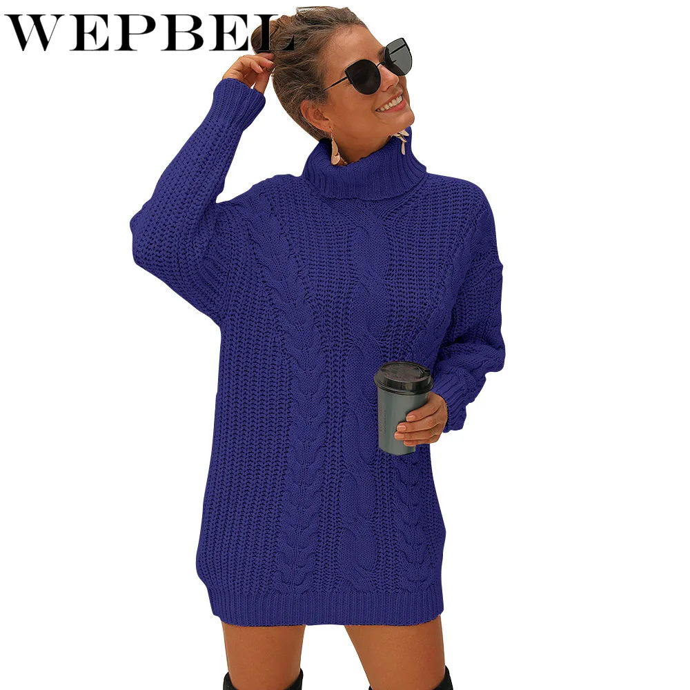 

WEPBEL Fashion Casual Loose Knitted Sweater Autumn and Winter Long-Sleeved Turtleneck Solid Color Sweater