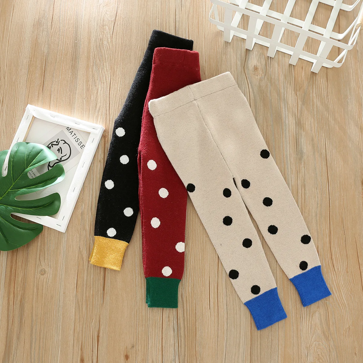 Girls Autumn And Winter Knitted Trousers Korean-style Polka Dot Mixed Colors Knitted Trousers Leggings Childrenswear