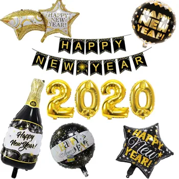 

10pcs/lot 2020 Happy New Year Black Gold Party Decoration Foil Balloons Birthday Banner Pull Flower Balloon Set