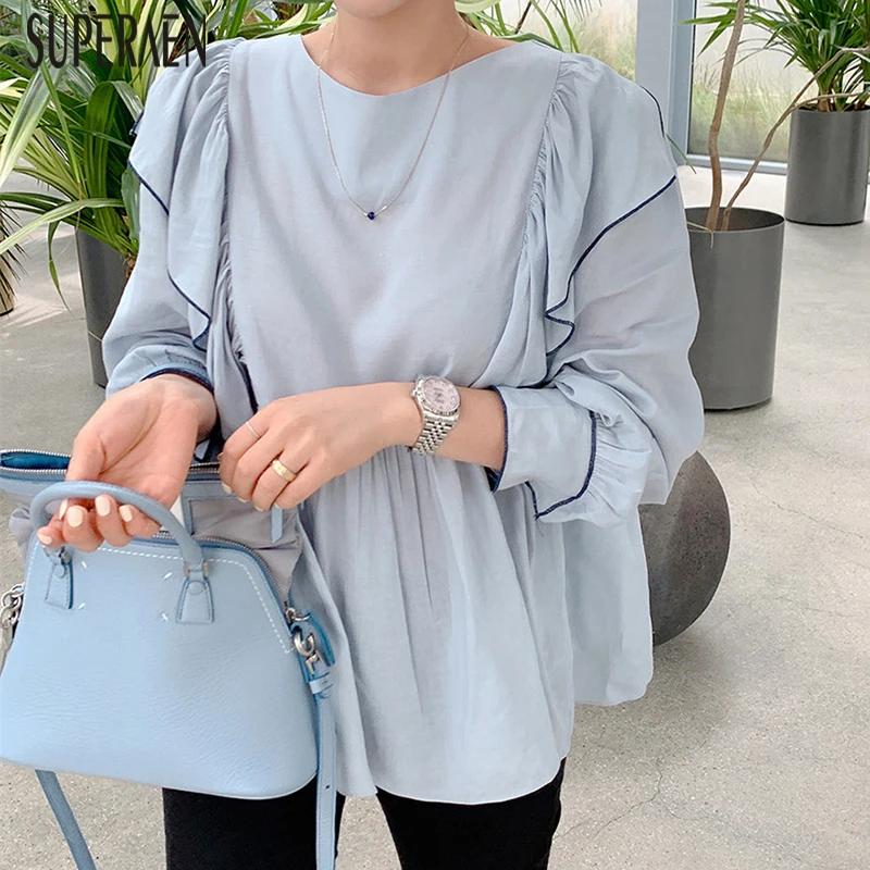

SuperAenm Fashion Korean Style Women Shirts Wild Cotton Solid Color Ladies Blouses and Tops Autumn New 2019 Women Clothing